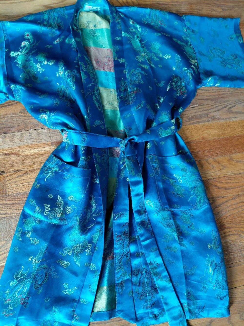 Y2K Satin Brocade Kimono Style Robe | Blue Floral Authentic Asian Layering Piece